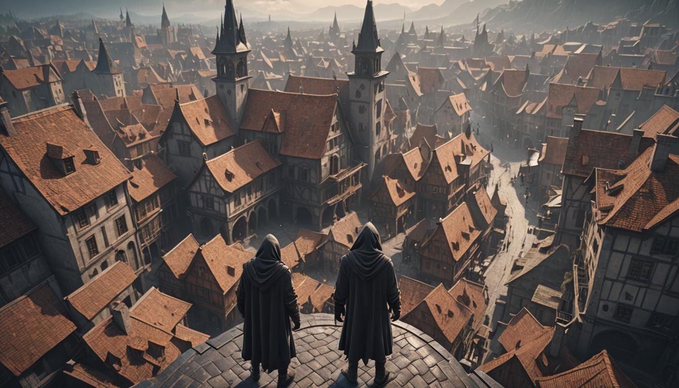 Hooded Figure Overlooking Fantasy Town Square