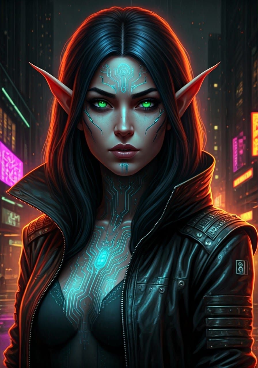 Cyberpunk Goddess Awakens in a Gritty Neon Cityscape
