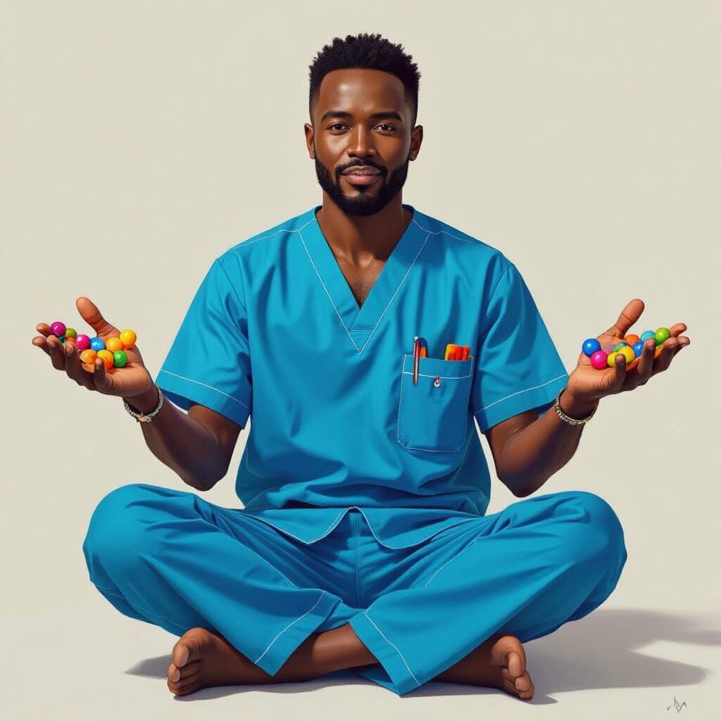 Somali Man in Nurse Uniform Holding Colorful Objects