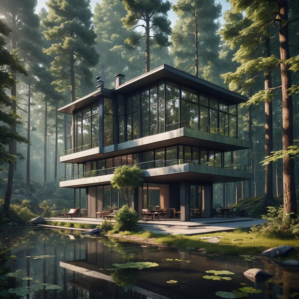 Hyperrealistic Postmodern Vacation House in Forest