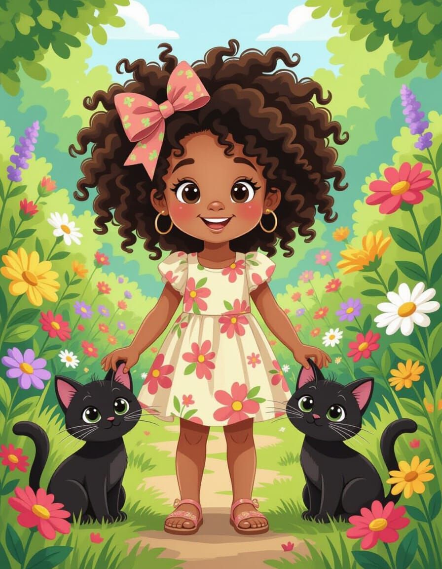 Joyful Girl in Flower Garden with Black Cats