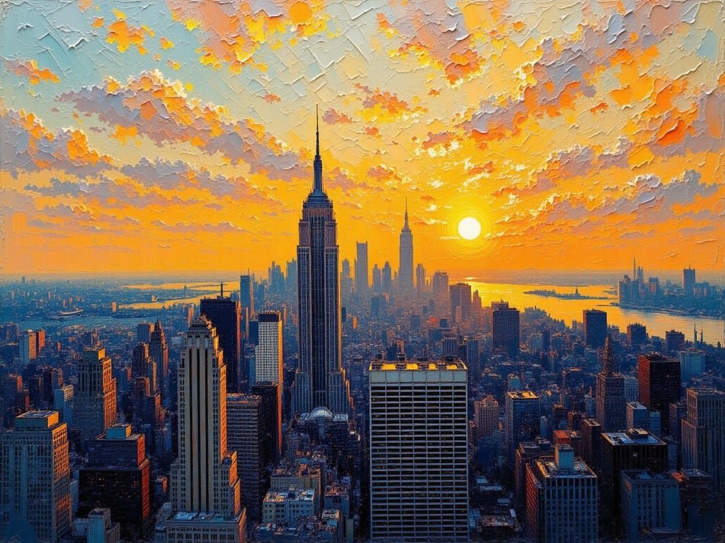 Mid Century Manhattan Skyline in Warm Sunset Light