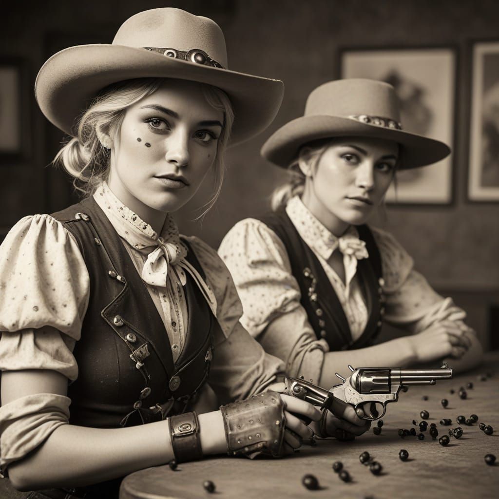 Ladybugs Pose in Western Film Still with Guns