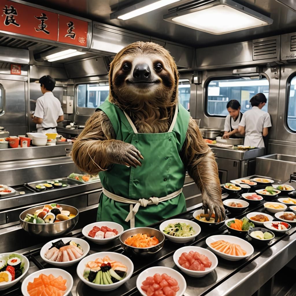 Sammy the Sloth has turned into a human Sushi cook standing behind the Sushi Train with lots of dishes on it.