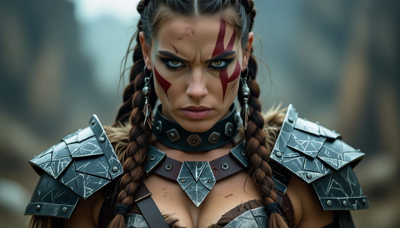 Fierce Barbarian Woman in Tribal Armor Cosplay