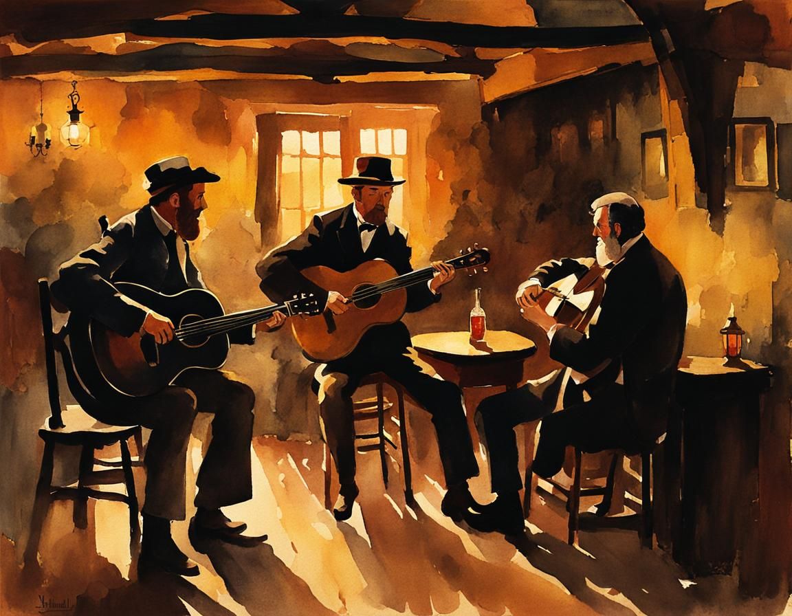 Irish Folk Band in Pub, Impressionist Watercolour