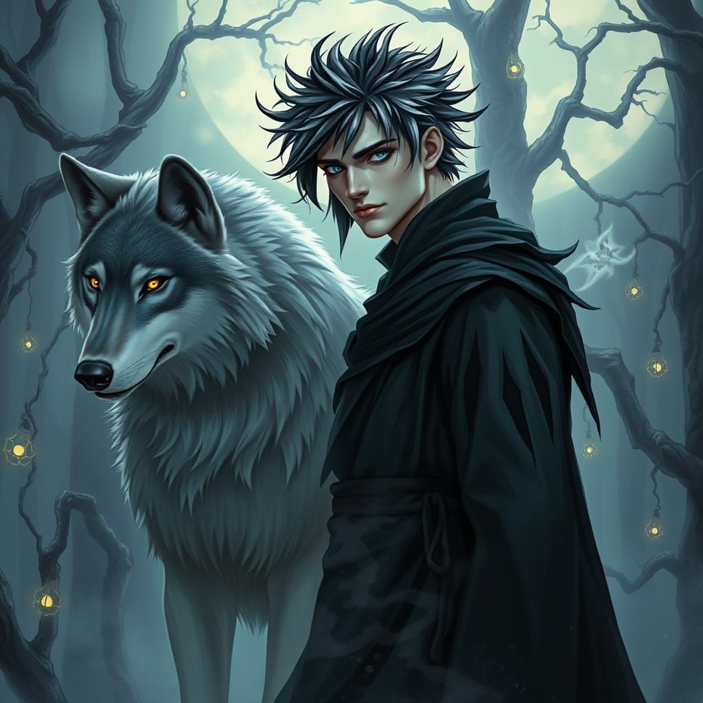 Mysterious Demon and His Loyal Wolf in a Haunting Moonlit La...