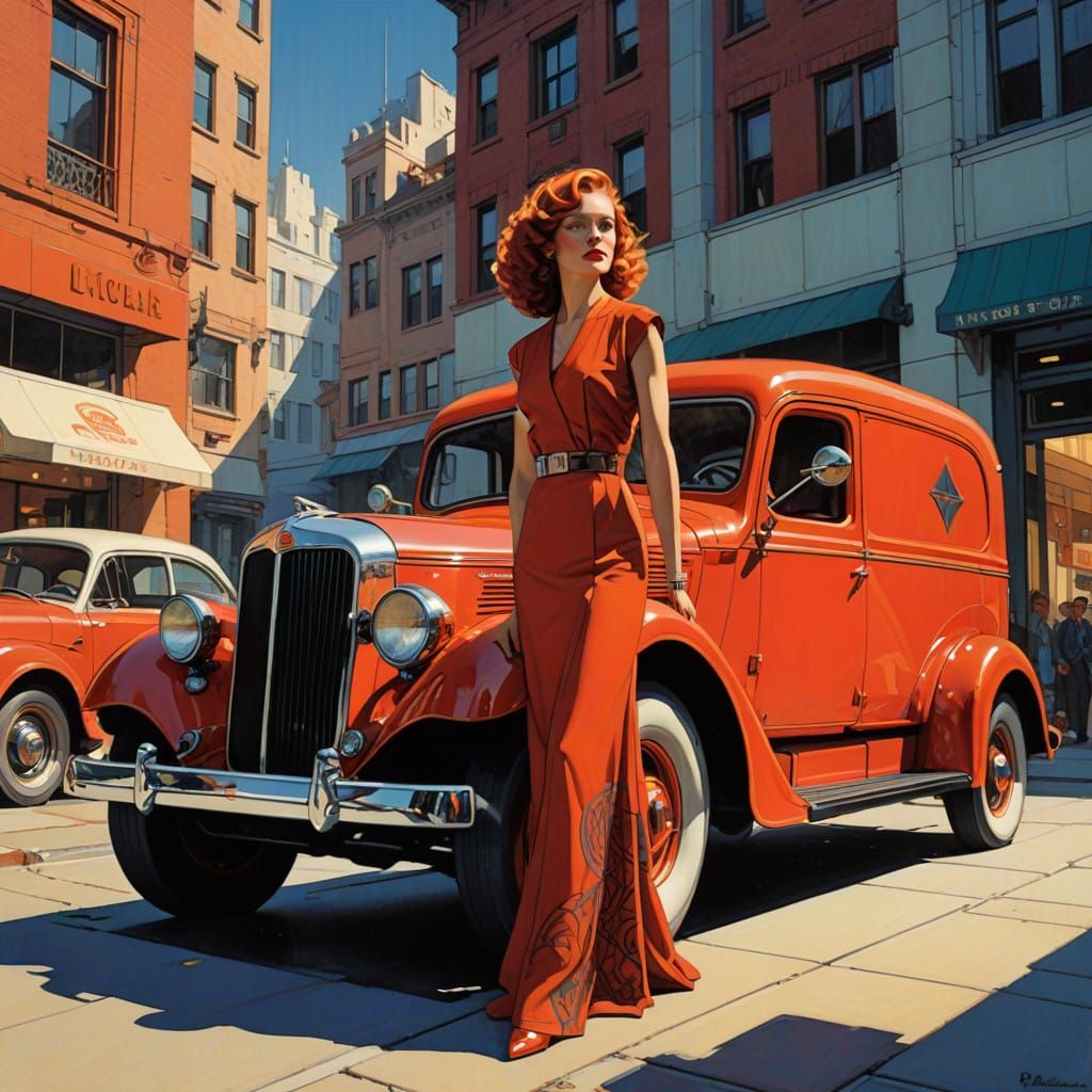 Elegant Woman Poses with Art Deco Diesel Truck in Vintage Sc...