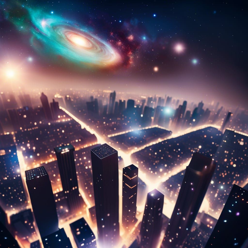 Mystical Galaxy Over Metropolis: Photorealistic Image
