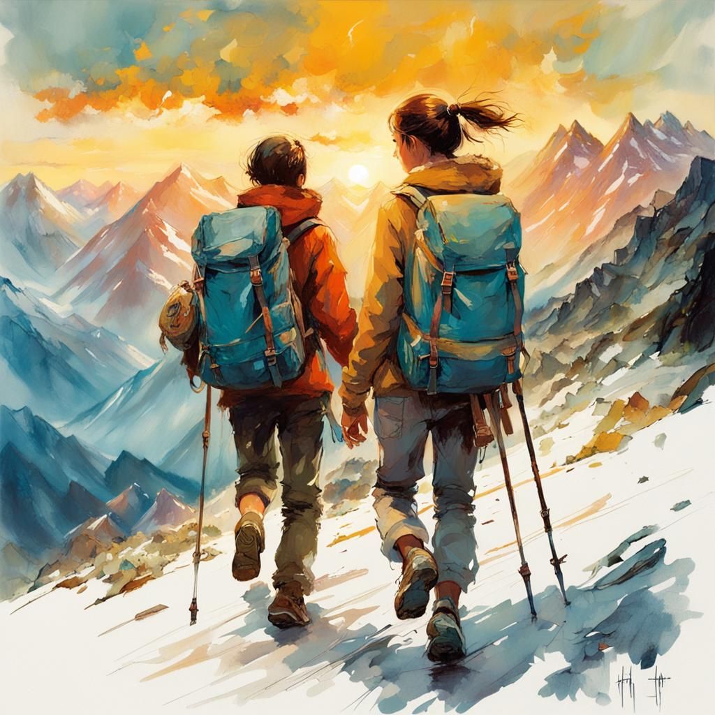 Joyful Siblings Hiking at Sunset: Colorful Illustration