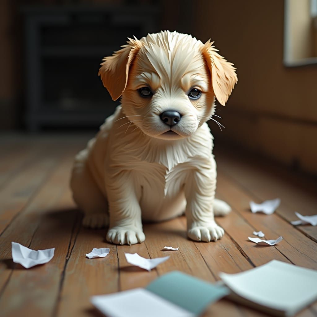 Fragile Puppy Sits Amid Forgotten Belongings in Delicate Pap...