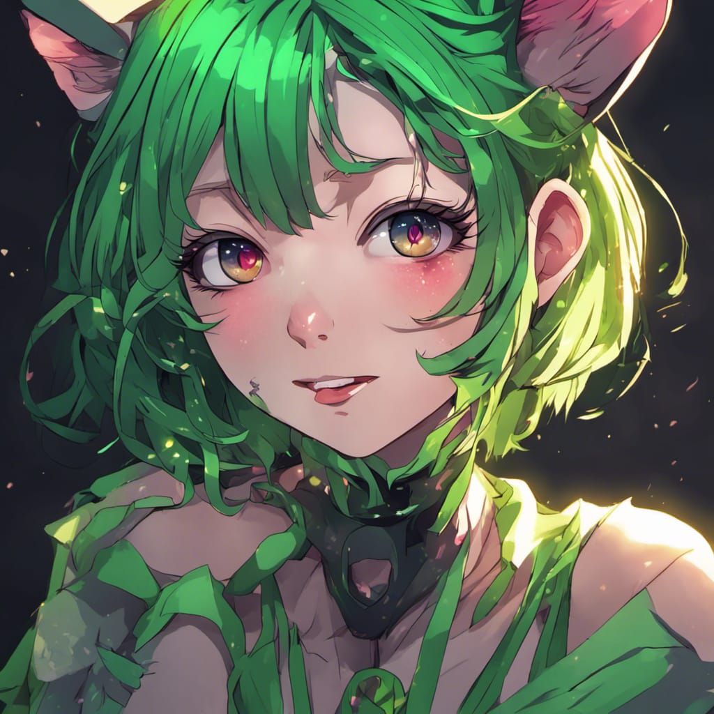 Anime Catgirl Portrait with Neon Green Hair