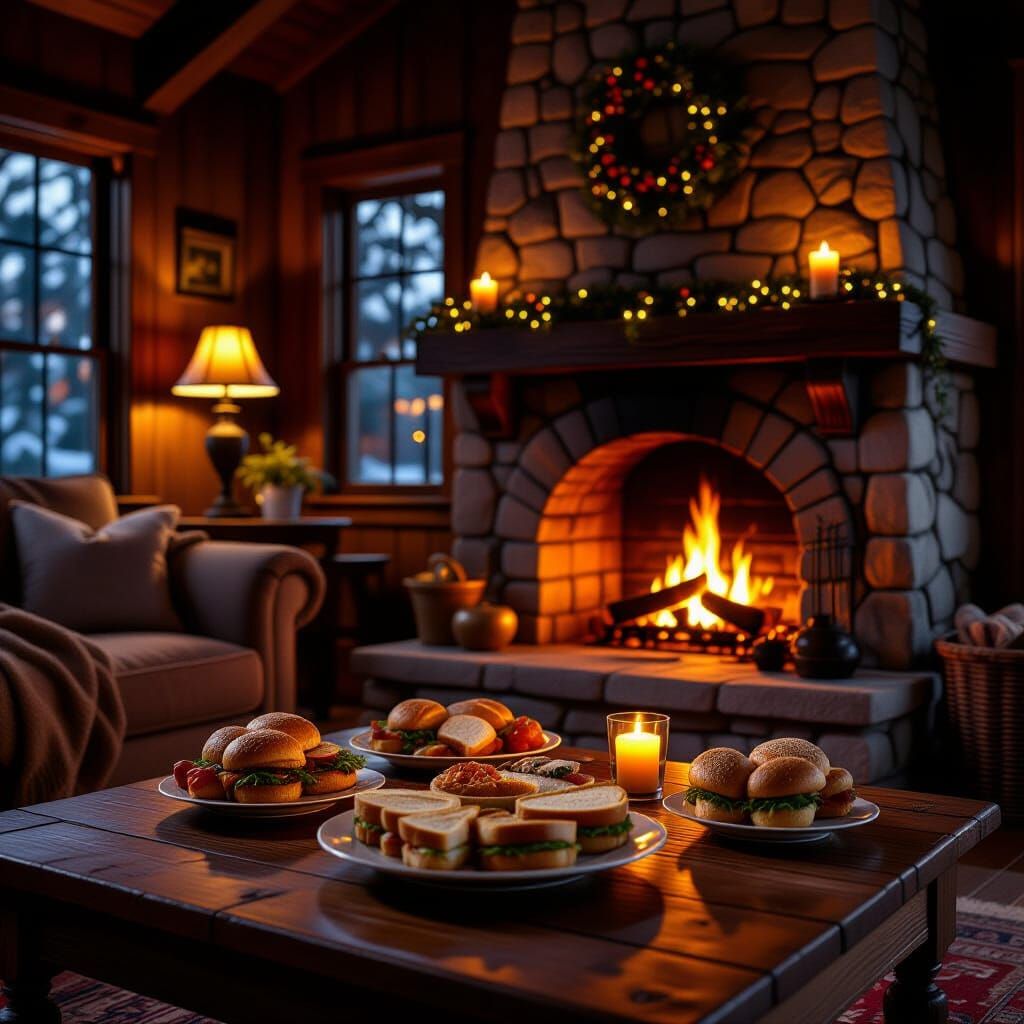 Cozy Family Room with Fireplace and Sandwiches