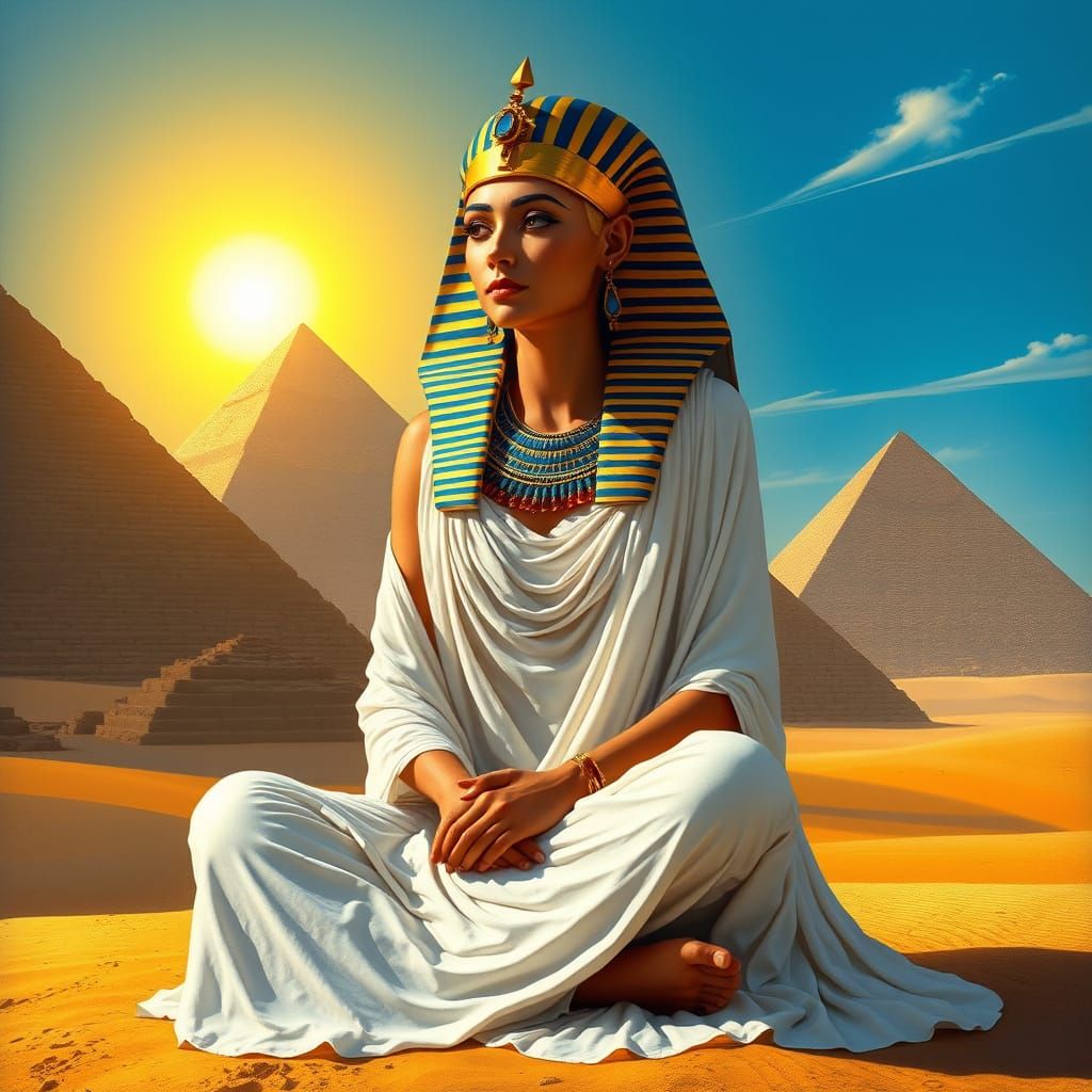 Egyptian Goddess Contemplates Gizah Pyramids in Golden Light