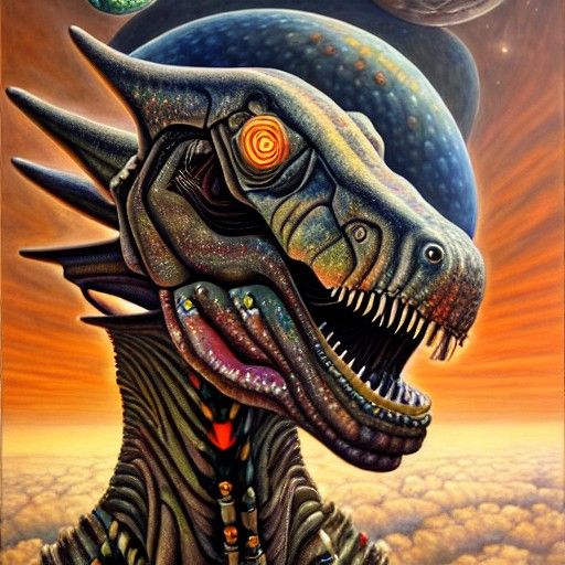 Celestial Tyrannosaurus Rex in Hyperreal Mixed Media