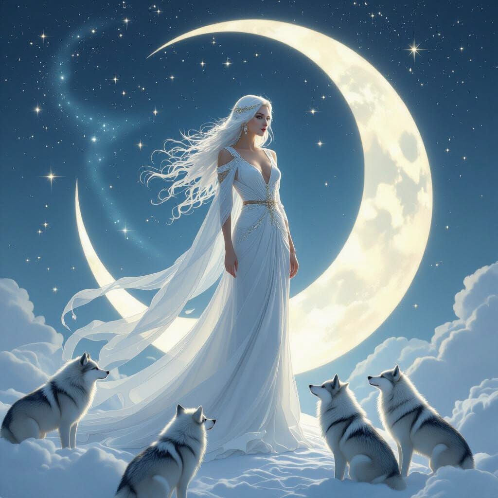 Moon Goddess on Silver Crescent in Dreamlike Digital Art