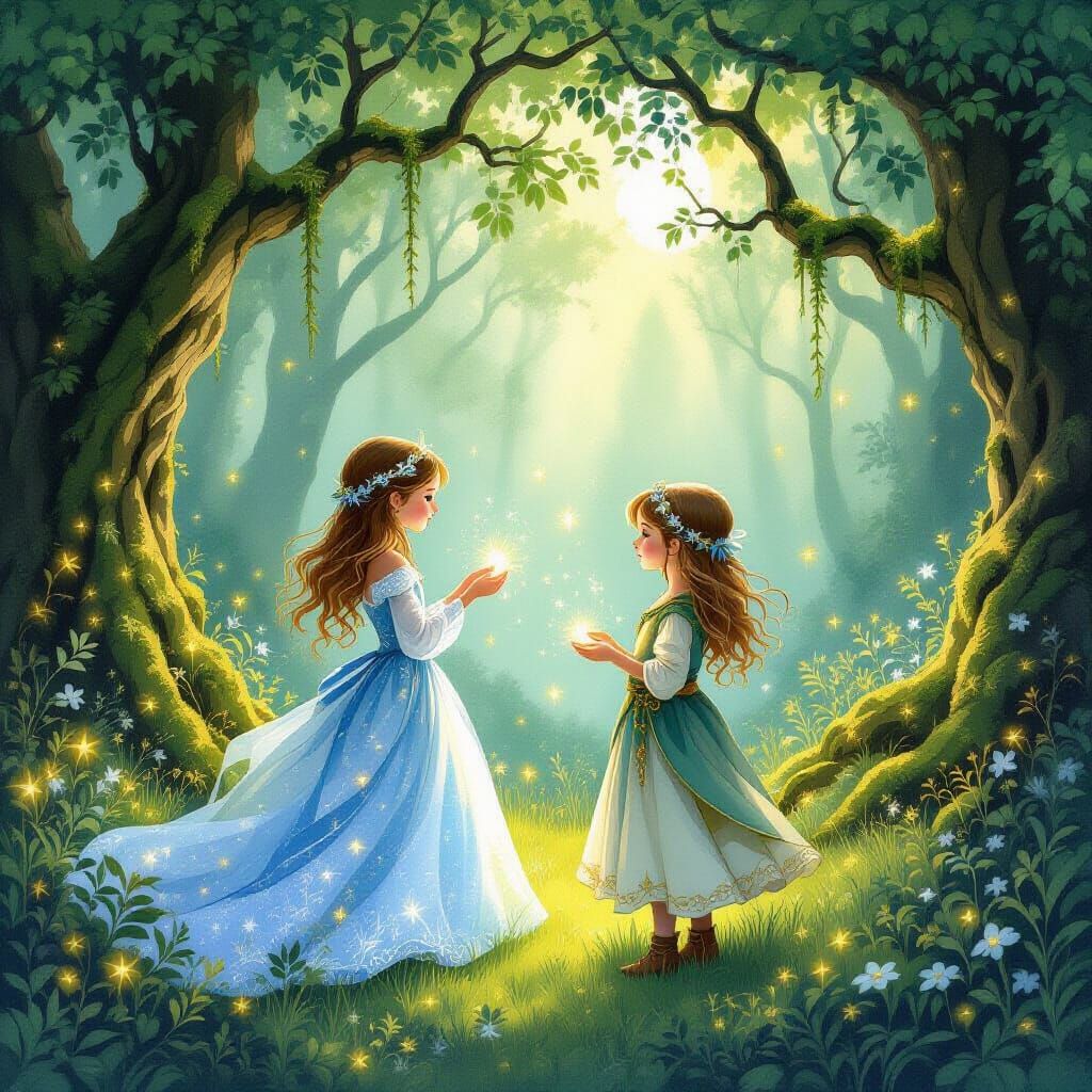 Sisters in Enchanted Forest Playing Dress-Up