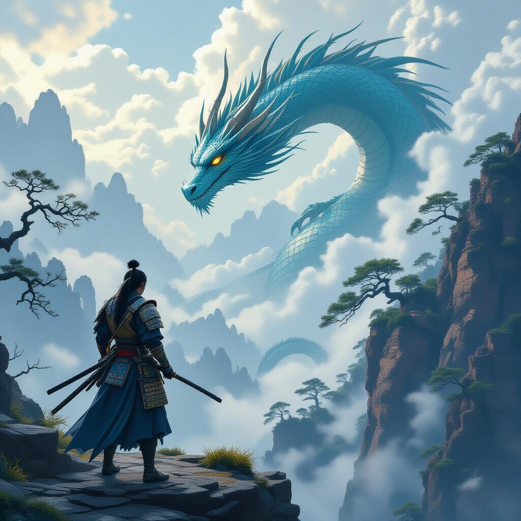 Samurai on Windswept Cliff with Dragon, Fantasy Art