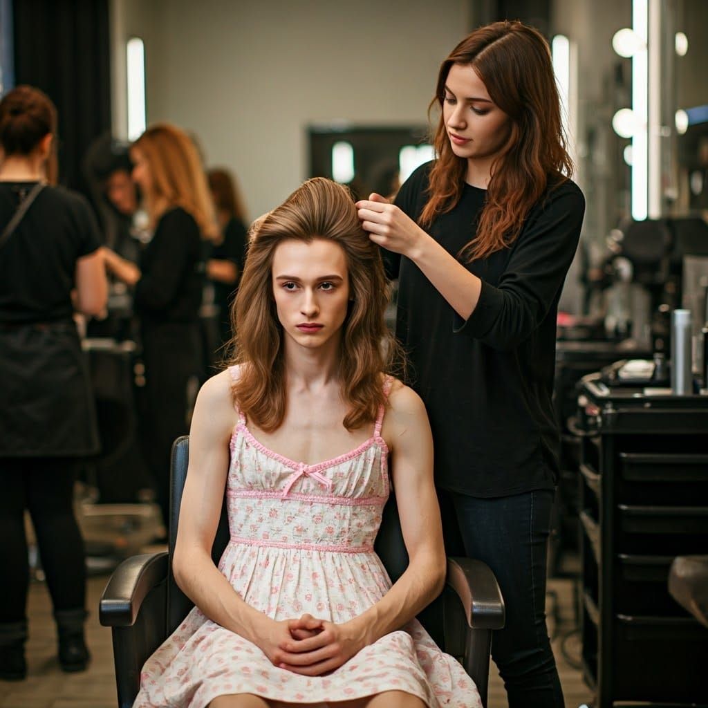 Androgynous Youth in Soft Pink Babydoll Dress, Stylish Haird...