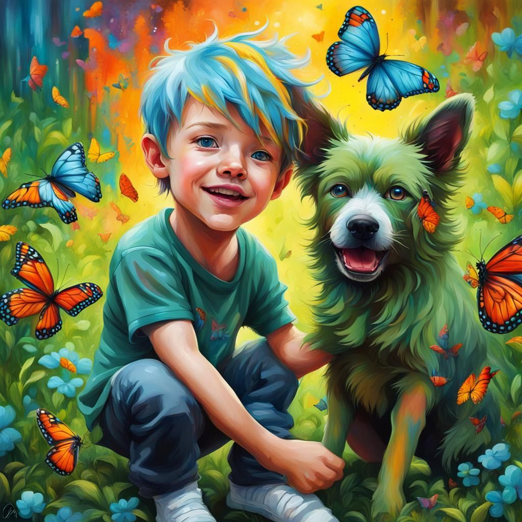 Boy and Dog in Garden: Graffiti Art Style