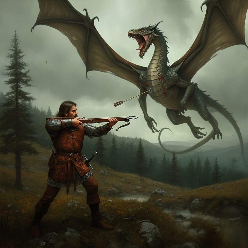Medieval Warrior Battles a Winged Serpent in a Haunting Land...
