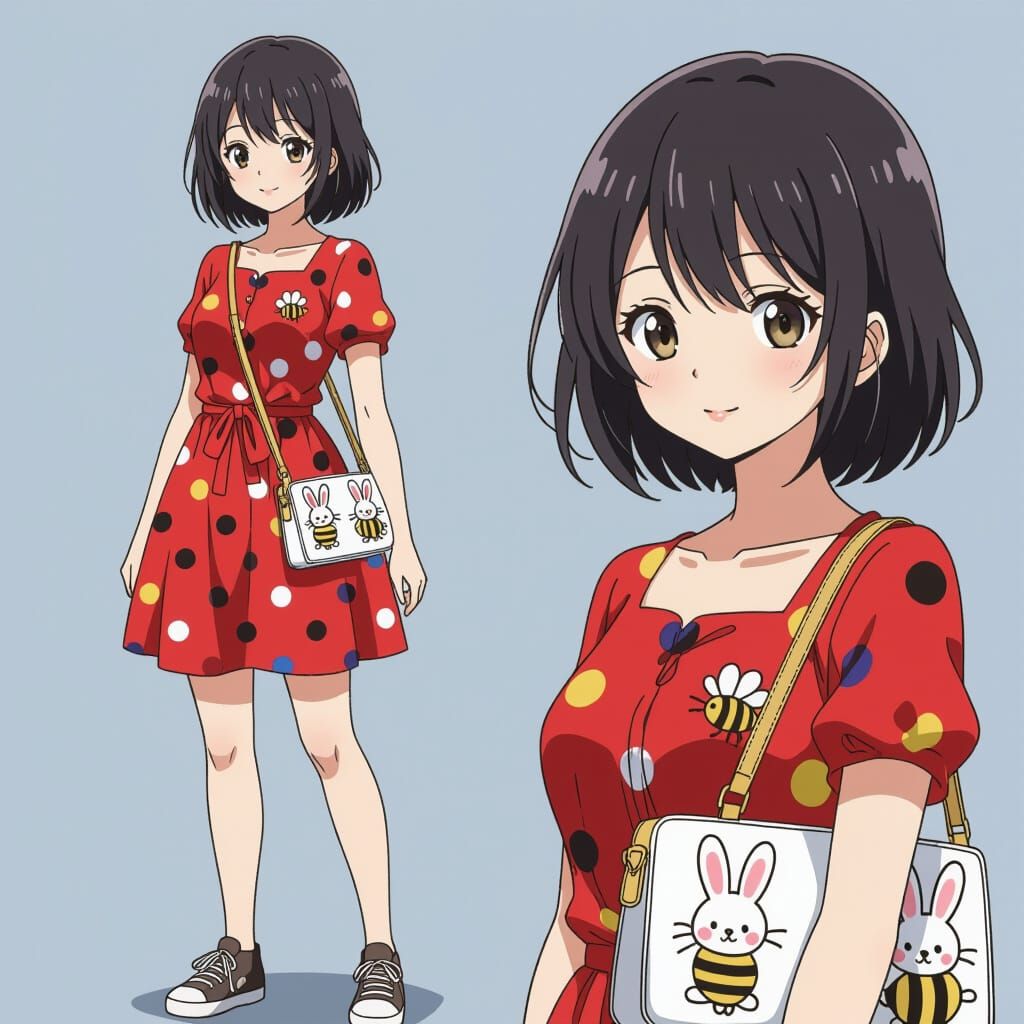 Anime Woman in Polka Dot Dress with Bee Print