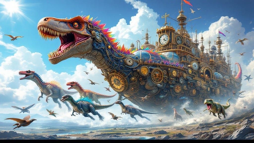 Surreal Moment with Dinosaurs, Clocks, and Ships