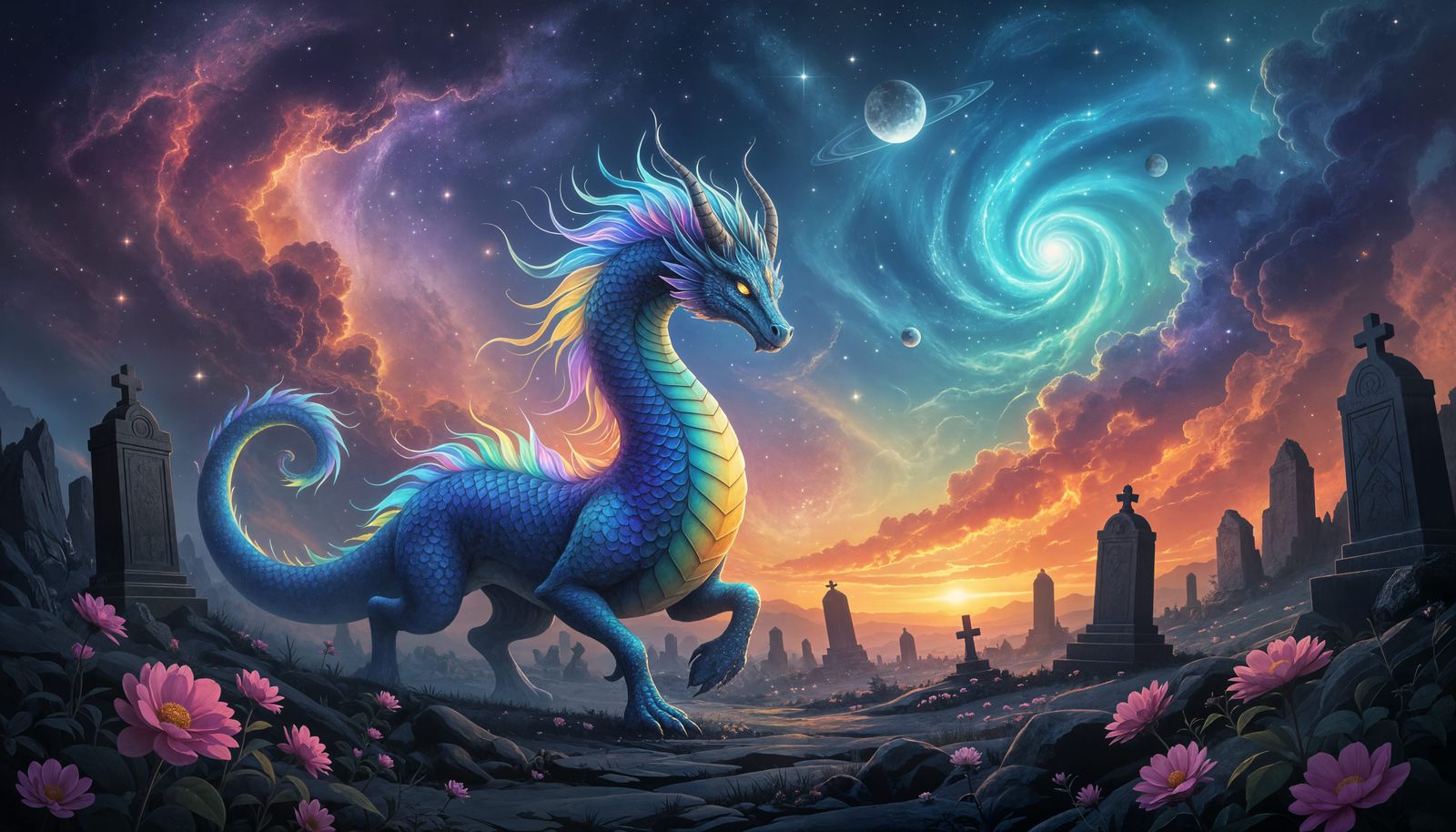 Ethereal Rainbow Hydra in Cosmic Star Graveyard