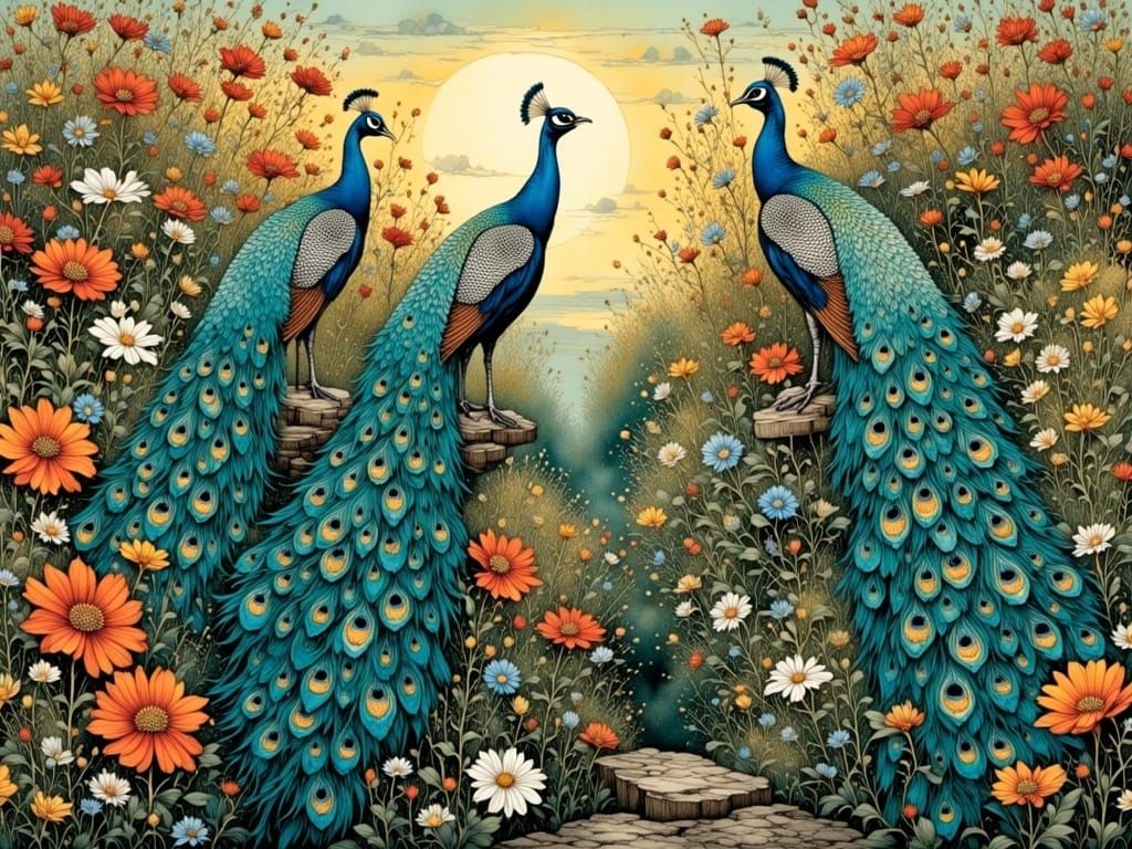 Exotic Oriental Palace Garden Scene with Peacocks in Soft Ev...