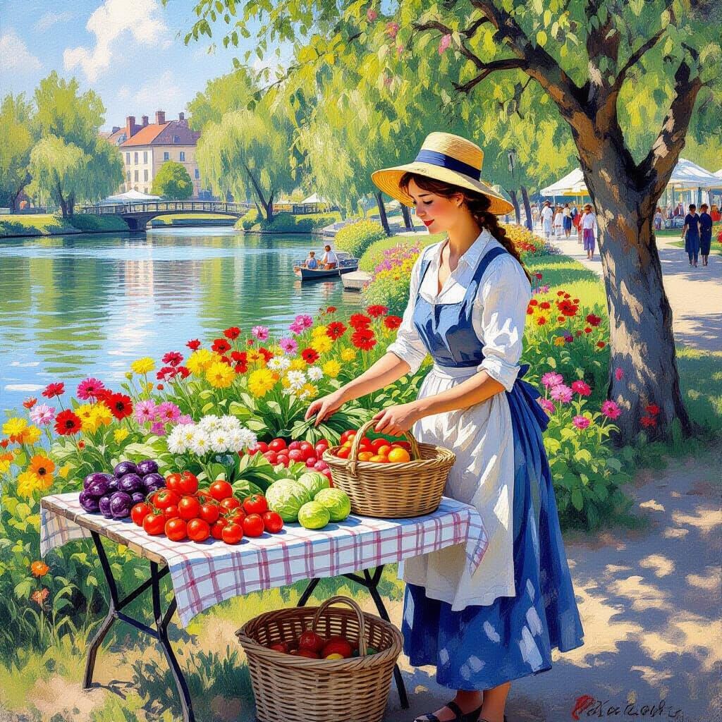 Farm Girl Selling Flowers in Impressionist Style