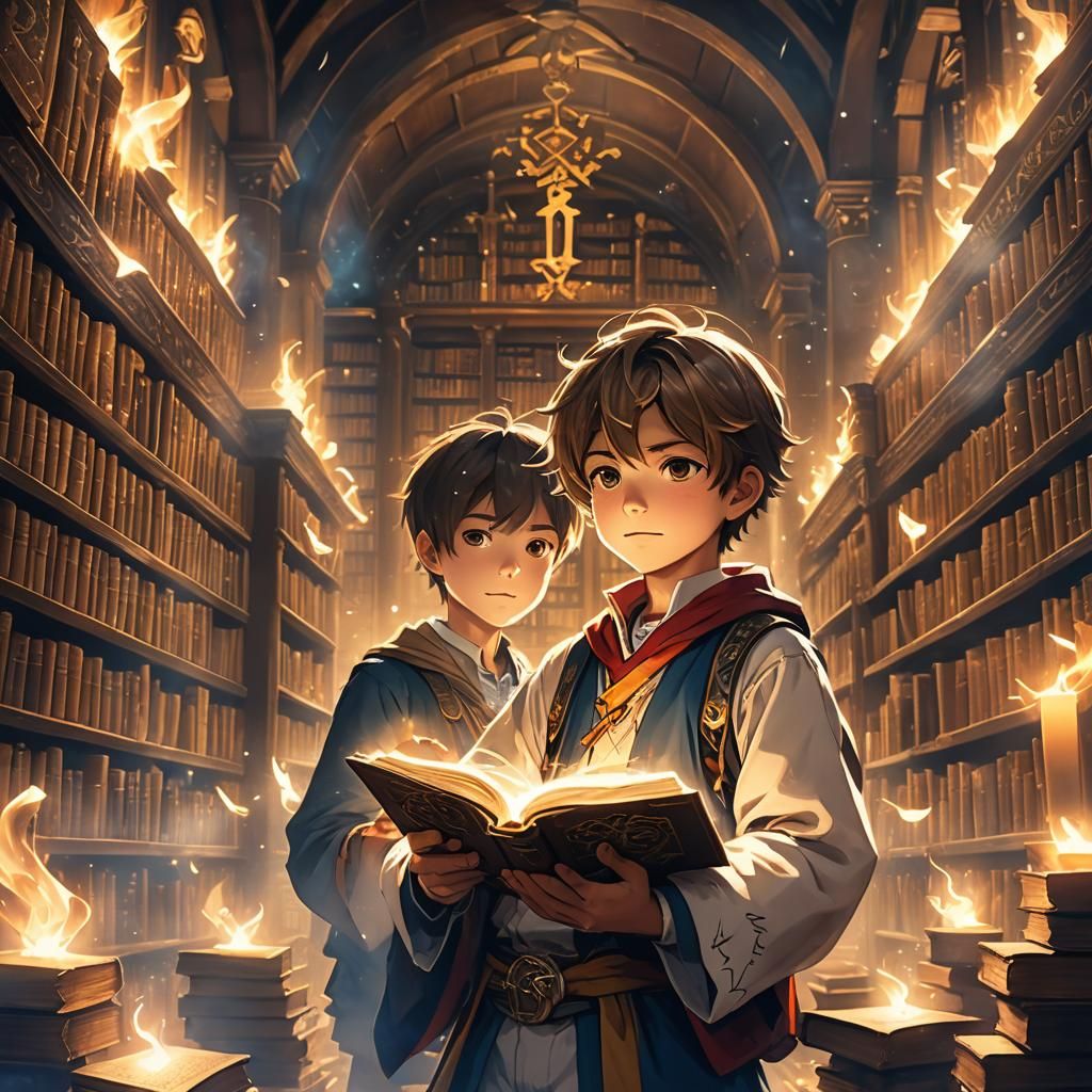 Magical Apprentice Boy in Ancient Library, Anime Art