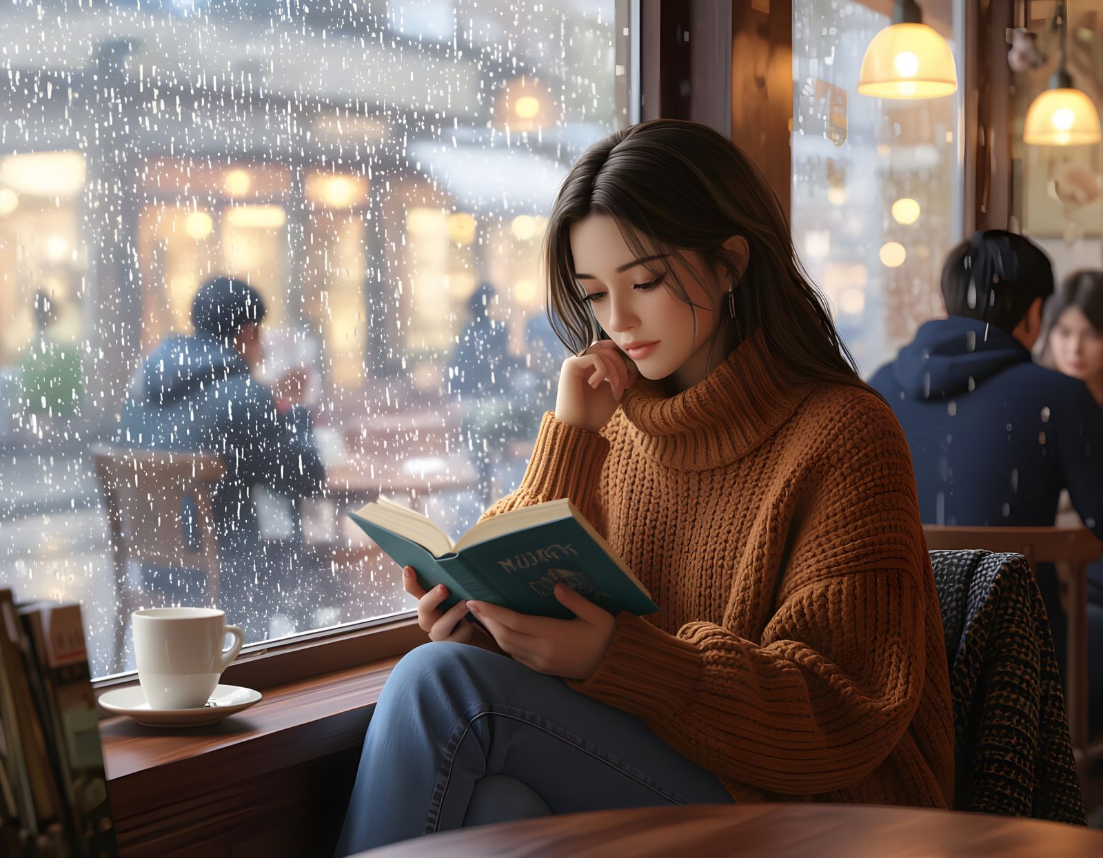 Melancholy Woman Reading in Rainy Café