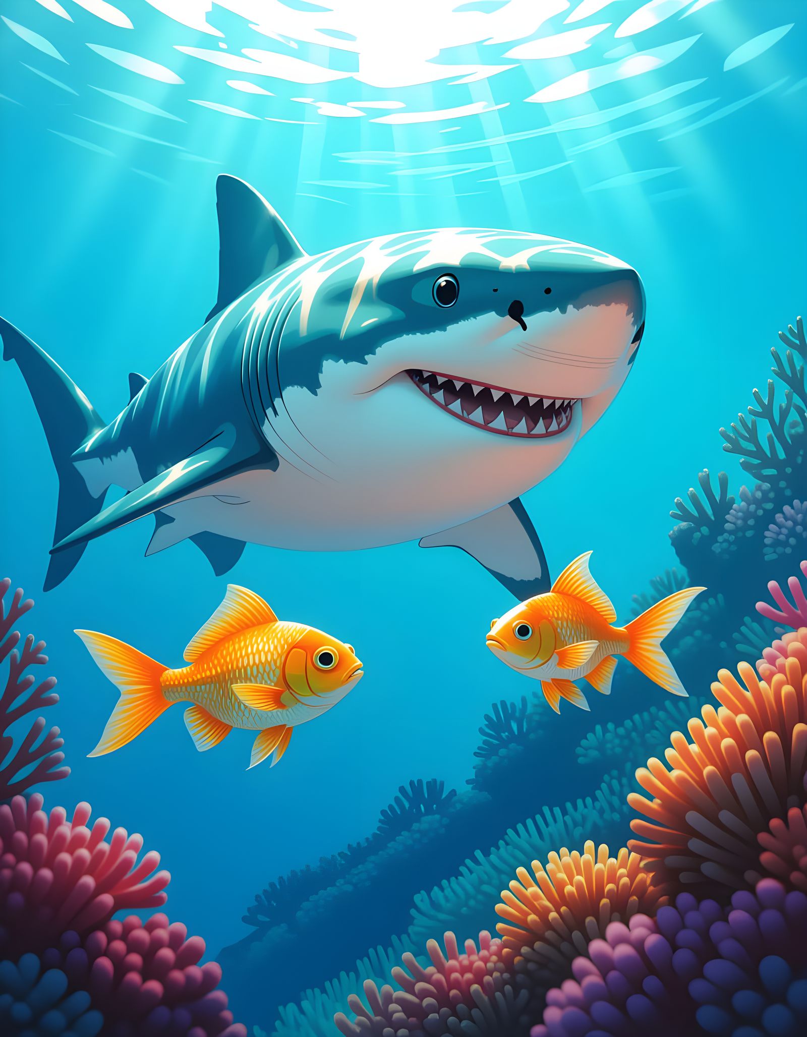 Shark and Goldfish Friendship, High Resolution Detailed