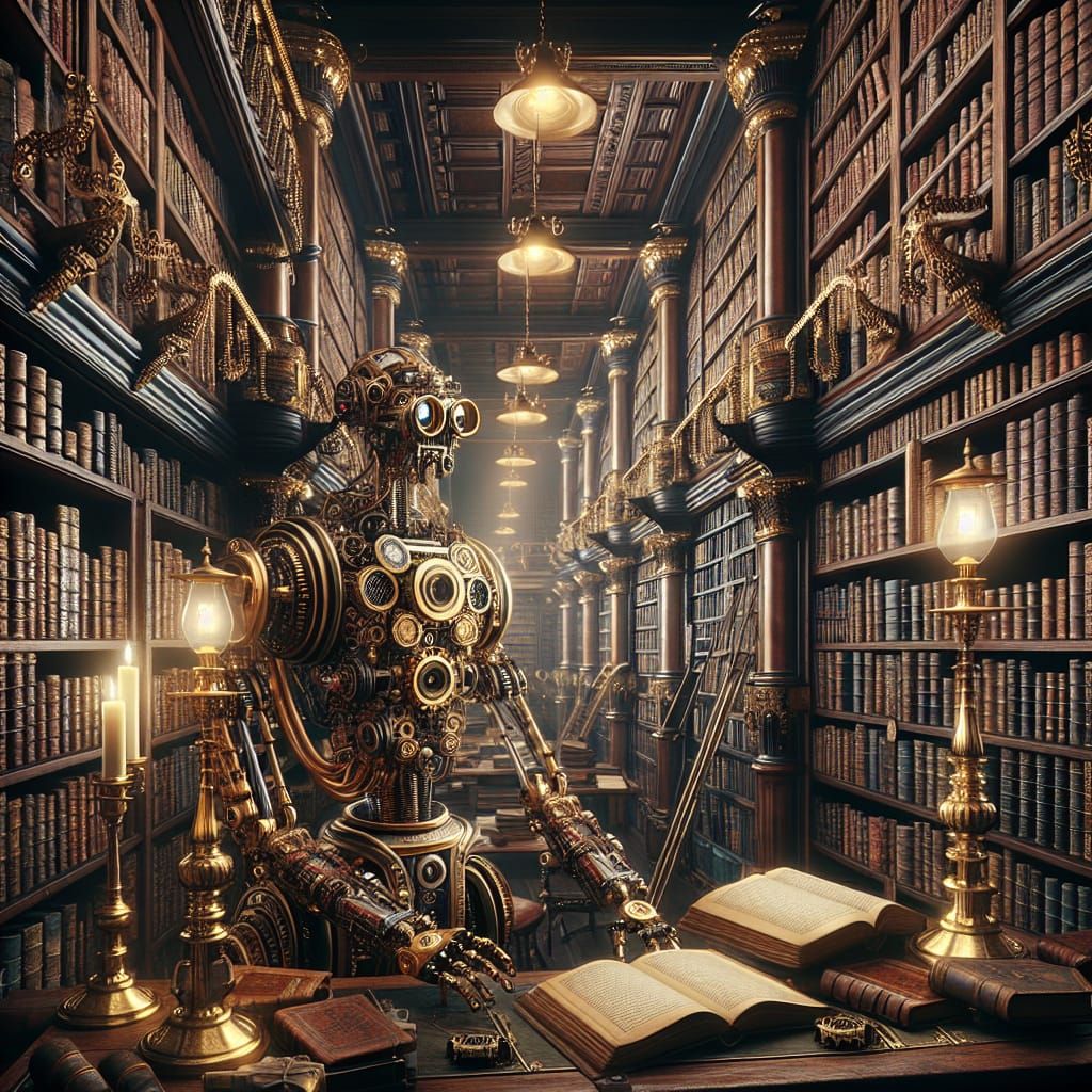 Steampunk Library with Robot Librarian Amidst Brass and Leat...
