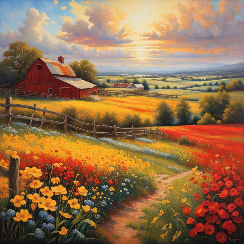 Spring Farm Landscape in Watercolor and Ink