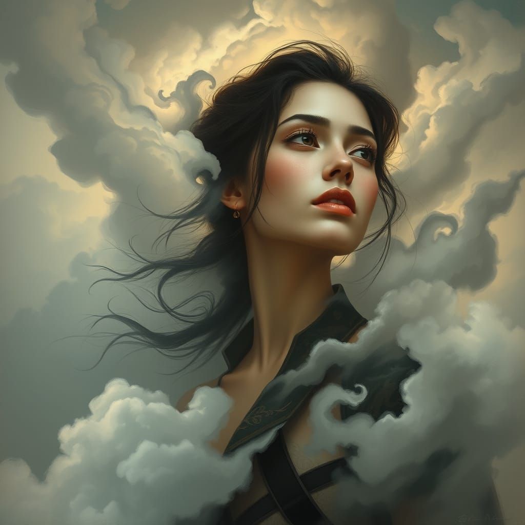 Woman in Swirling Clouds: Dreamlike Digital Art
