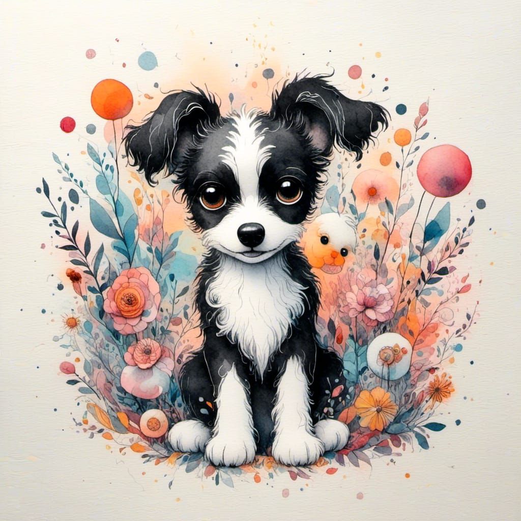 Whimsical 3D Watercolor of a Small Dog