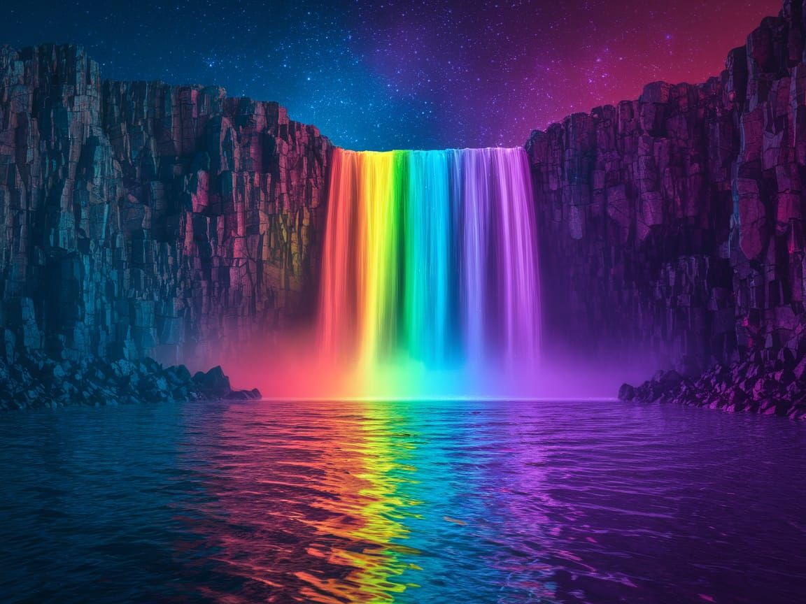 Rainbow Waterfall in Starry Night Sky