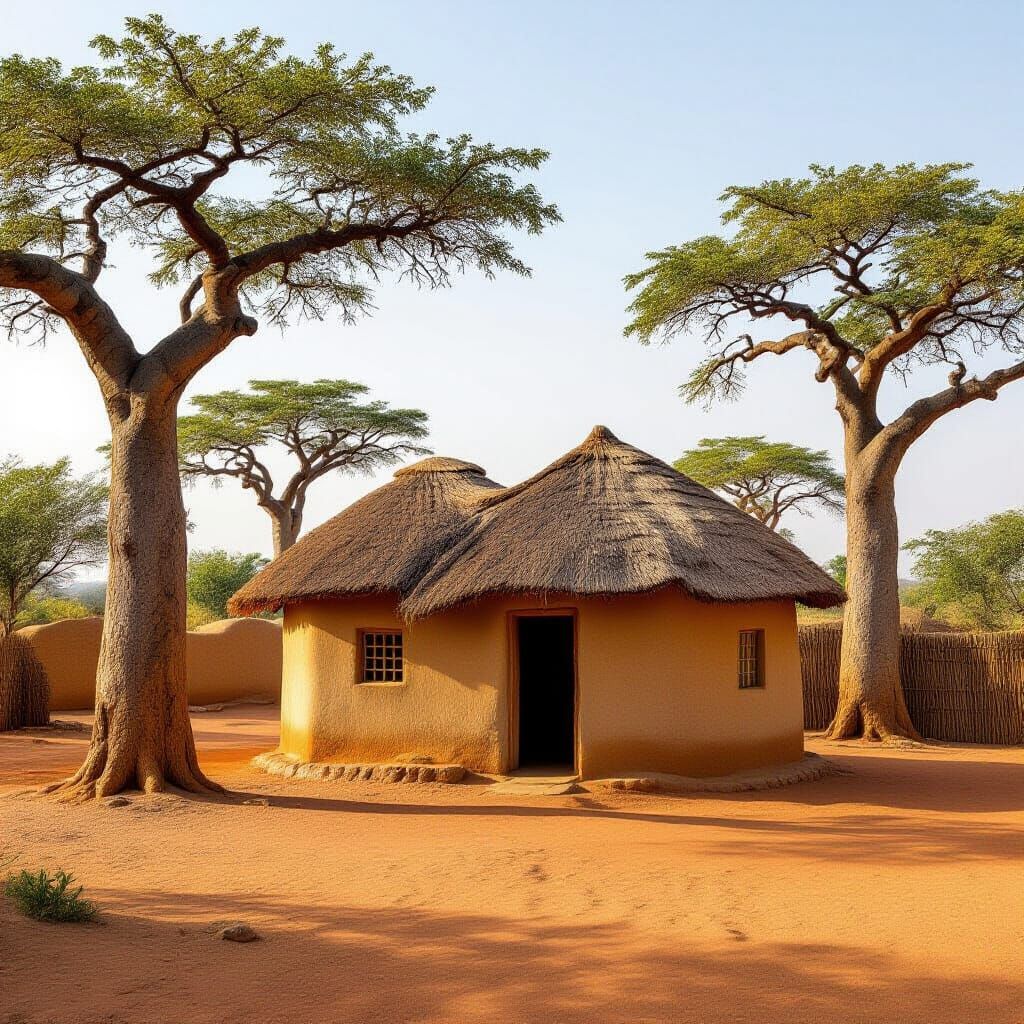 Earthy African Mud House with Baobab Trees