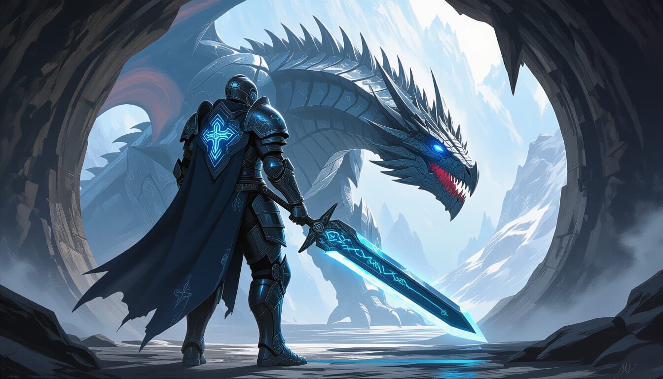 Cyborg Paladin in Dragon Cave Digital Painting