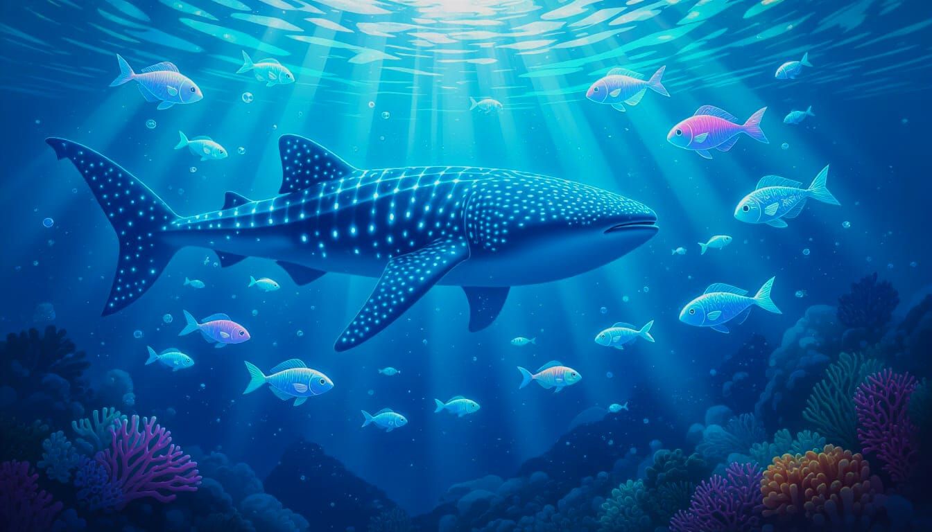 Glowing Whale Shark Tends Enchanted Ocean Life