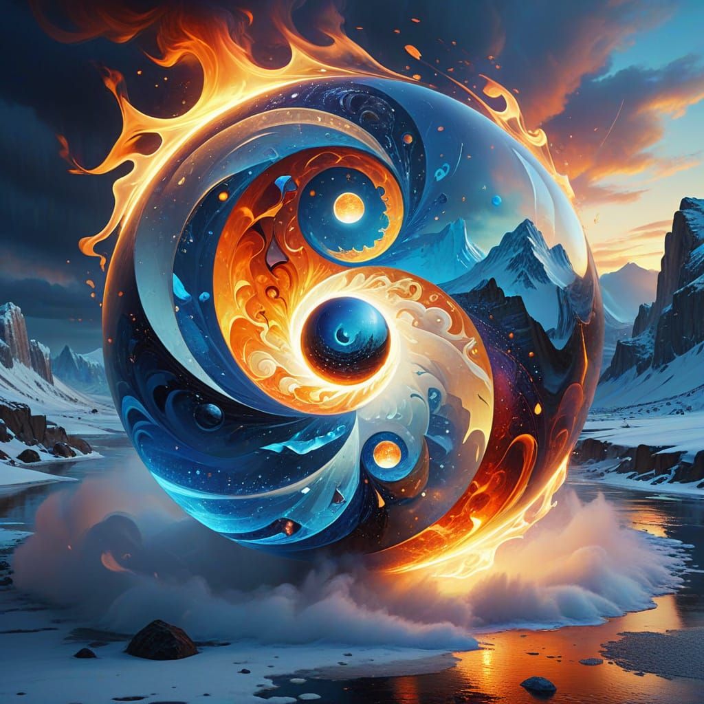 Abstract Cubist Landscape with Yin Yang Symbols