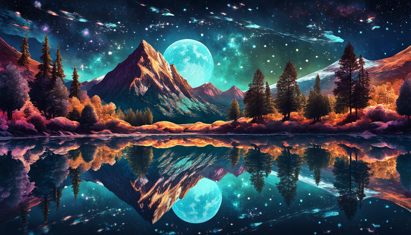 Mirror Lake at Night with Stars in Mid-Century Digital Art S...