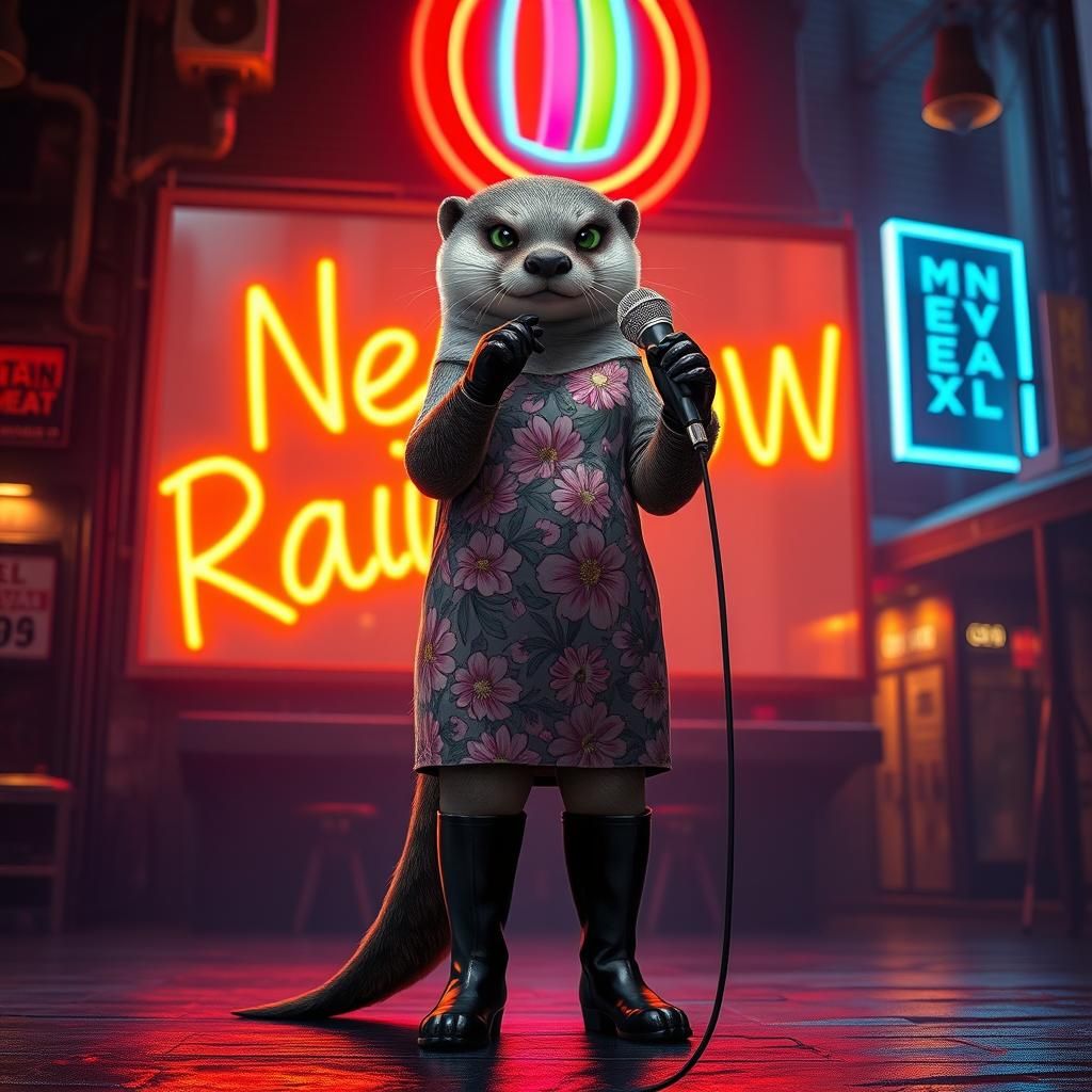 Cyberpunk Otter Singer Performing in Neon Cityscape