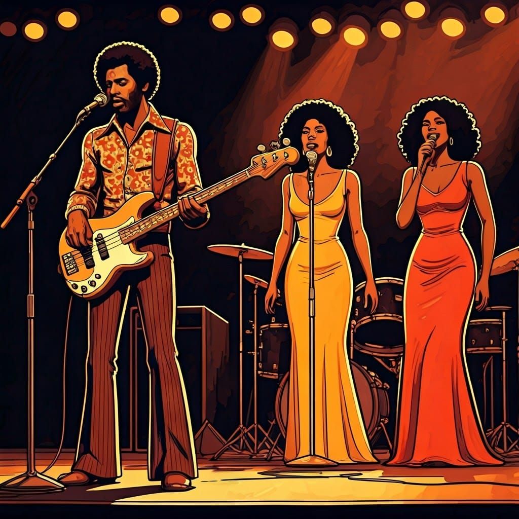 Funky 70s Band Scene with Afro American Bassist and Soulful ...