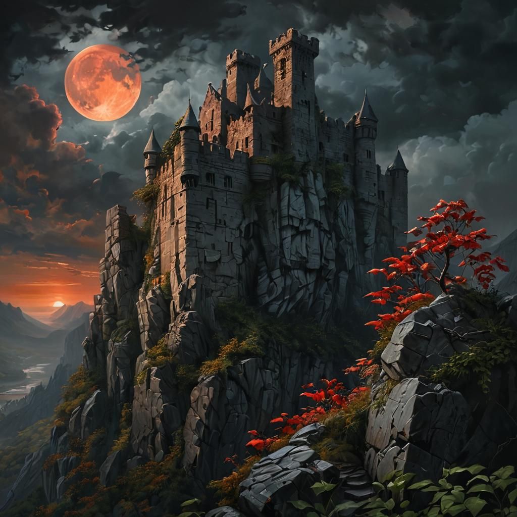 Ominous Castle in Dark Fantasy Oil Painting