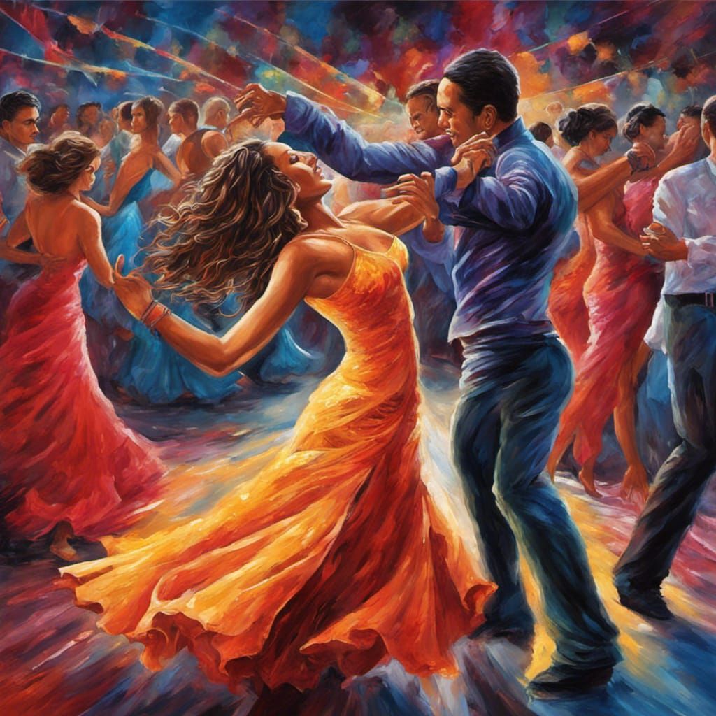 an enchanting painting that captures the passion and rhythm of a salsa dance, with vibrant colors that mirror the intens...