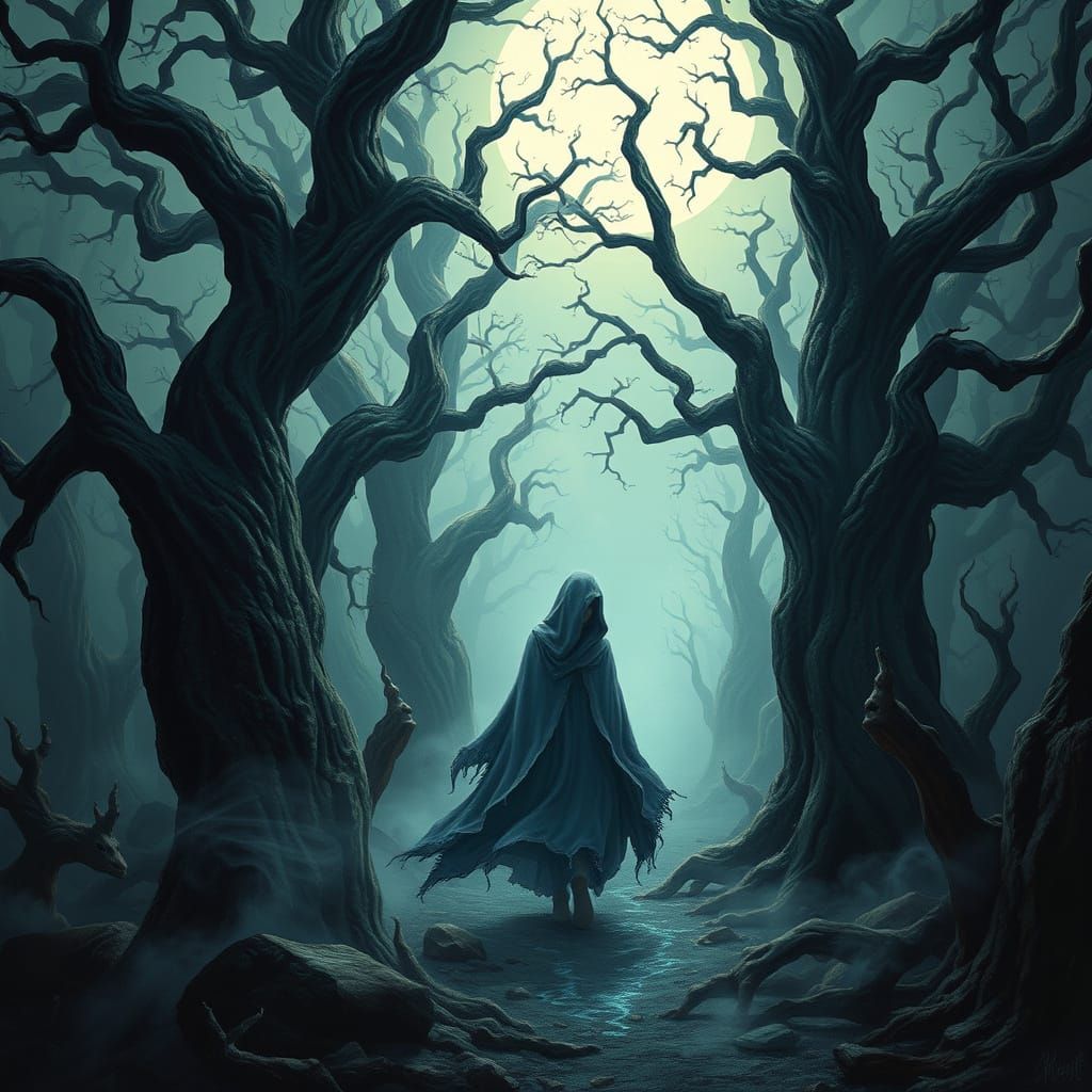 Ethereal Being Wanders Moonlit Forest, Surrounded by Ancient...