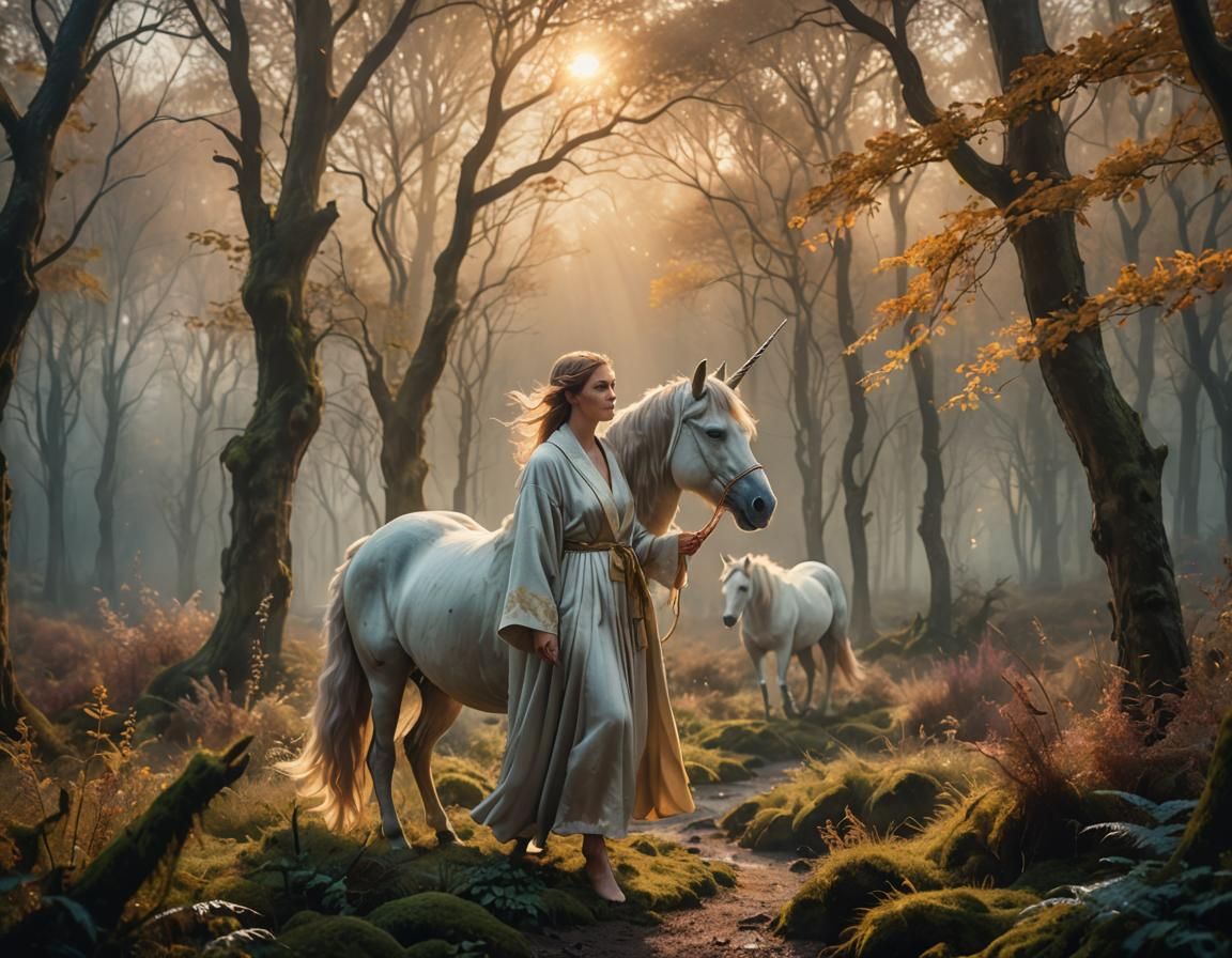 Ethereal Woman and Unicorn in Misty Forest