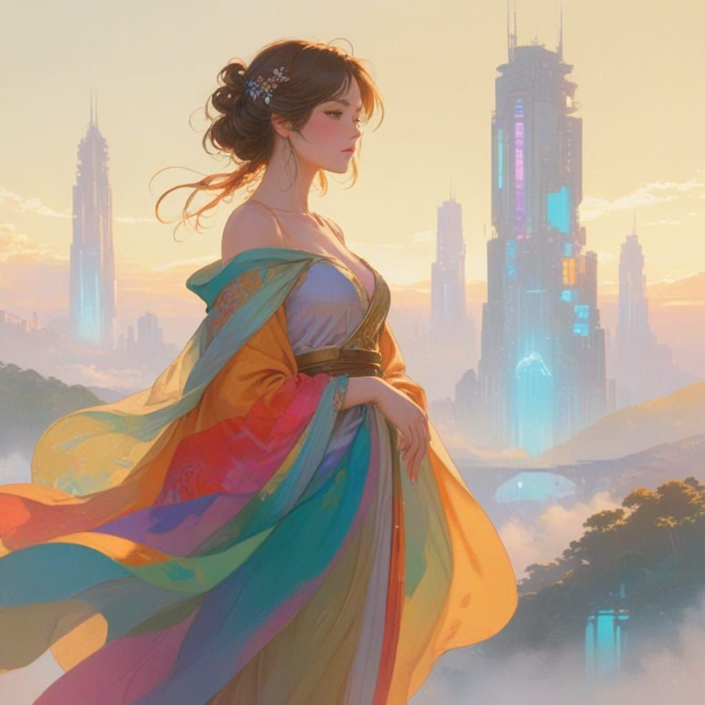 Anime Woman in Flowing Robes Amidst Cyberpunk Towers